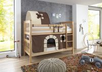 Etagenbett Kick Buche massiv natur lackiert mit Textilset aus Vorhang, Tunnel und Tasche - Burg