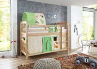 Etagenbett Kick Buche massiv natur lackiert mit Texset aus Vorhang, Tunnel und Tasche - Dschungel