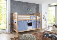 Etagenbett Kick Buche massiv natur lackiert mit Textilset aus Vorhang, Tunnel und Tasche - Blau/Boy