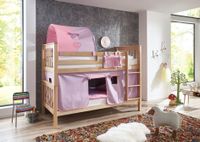Etagenbett Kick Buche massiv natur lackiert mit Textilset best. aus Vorhang, 1-er Tunnel und Tasche, Farbe purple/rosa