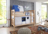 Etagenbett Kick Buche massiv natur lackiert mit Texset aus Vorhang, Tunnel und Tasche - weiß/delfin