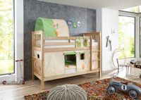 Etagenbett Kick Buche massiv natur lackiert mit Textilset best. aus Vorhang, 1-er Tunnel und Tasche, Farbe Beige/Grün