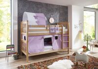 Etagenbett Kick Buche massiv natur lackiert mit Textilset best. aus Vorhang, 1-er Tunnel und Tasche, Farbe purple/weiß/herz