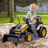 Kinder Elektrobagger Sitzbagger für Kinder Geländewagen traktor elektrisch zum Fahren mit Musik Schaufel Armen 3–5 Jahre PP-Kunststoff Stahl Gelb132 x 62 x 65 cm