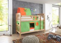 Etagenbett Kick Buche massiv natur lackiert mit Textilset best. aus Vorhang, 1-er Tunnel und Tasche, Farbe grün/orange