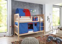 Etagenbett Kick Buche massiv natur lackiert mit Textilset best. aus Vorhang, 1-er Tunnel und Tasche, Farbe blau/rot
