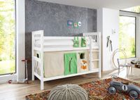 Etagenbett Kick Buche massiv weiß lackiert mit Textilset best. aus Vorhang und Tasche, Farbe Dschungel