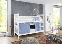 Etagenbett Kick Buche massiv weiß lackiert mit Textilset best. aus Vorhang und Tasche, Farbe Blau/Boy