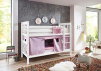 Etagenbett Kick Buche massiv weiß lackiert mit Textilset best. aus Vorhang und Tasche, Farbe purple/rosa