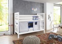 Etagenbett Kick Buche massiv weiß lackiert mit Textilset best. aus Vorhang und Tasche, Farbe weiß/delfin
