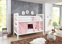 Etagenbett Kick Buche massiv weiß lackiert mit Textilset best. aus Vorhang und Tasche, Farbe Princess