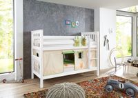 Etagenbett Kick Buche massiv weiß lackiert inkl. Textilset (Vorhang/Tasche) Beige/Grün