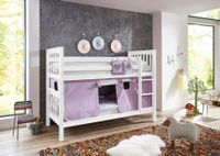 Etagenbett Kick Buche massiv weiß lackiert mit Textilset best. aus Vorhang und Tasche, Farbe purple/weiß/herz