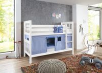 Etagenbett Kick Buche massiv weiß lackiert mit Textilset best. aus Vorhang und Tasche, Farbe blau/delfin