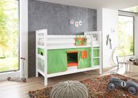 Etagenbett Kick Buche massiv weiß lackiert mit Textilset best. aus Vorhang und Tasche, Farbe grün/orange