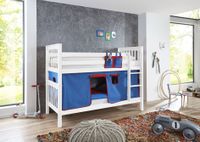 Etagenbett Kick Buche massiv weiß lackiert mit Textilset best. aus Vorhang und Tasche, Farbe blau/rot