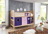 Etagenbett Kick Buche massiv natur lackiert mit Textilset best. aus Vorhang und Tasche, Farbe Rosa/Violett-Kleider