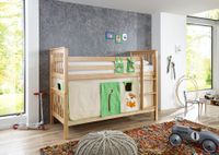 Etagenbett Kick Buche massiv natur lackiert mit Textilset aus Vorhang und Tasche - Farbe Dschungel