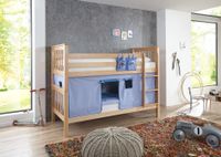 Etagenbett Kick Buche massiv natur lackiert mit Textilset best. aus Vorhang und Tasche, Farbe blau/delfin