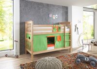 Etagenbett Kick Buche massiv natur lackiert mit Textilset best. aus Vorhang und Tasche, Farbe grün/orange