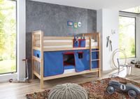 Etagenbett Kick Buche massiv natur lackiert mit Textilset aus Vorhang und Tasche - blau/rot