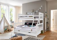 Etagenbett 90/140 x 200 cm Liegefläche Kick, mit Bettschublade, Buche massiv weiß lackiert