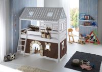 Spielbett Tom´s Hütte und Bett Kim Buche massiv weiß lackiert. Textilset Burg