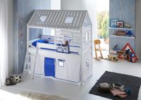 Spielbett Tom´s Hütte und Bett Kim Buche massiv weiß lackiert. Textilset weiß/delfin