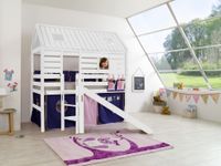 Spielbett Tom´s Hütte und Bett Eliyas mit Rutsche und Textilset, Buche massiv weiß lackiert
