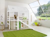 Spielbett Tom´s Hütte und Bett Eliyas mit Rutsche und Textilset, Buche massiv weiß lackiert