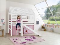 Spielbett Tom´s Hütte und Bett Eliyas mit Rutsche und Textilset, Buche massiv weiß lackiert