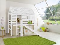 Spielbett Tom´s Hütte und Bett Eliyas mit Rutsche und Textilset, Buche massiv weiß lackiert