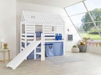 Spielbett Tom´s Hütte und Bett Eliyas mit Rutsche und Textilset, Buche massiv weiß lackiert