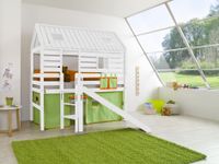 Spielbett Tom´s Hütte und Bett Eliyas mit Rutsche und Textilset, Buche massiv weiß lackiert