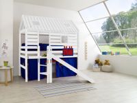 Spielbett Tom´s Hütte und Bett Eliyas mit Rutsche und Textilset, Buche massiv weiß lackiert