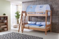 Etagenbett STEFAN Buche massiv natur lackiert, Stabverleimt, geplankte Optik, mit Textilset blau/boy