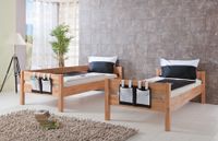 Etagenbett STEFAN Buche massiv natur, Stabverleimt, geplankte Optik, inkl. Textilset purple/weiß