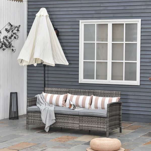 Rattan Sofa Dreisitzer Garten Loungesofa mit Kissen Stahl Grau