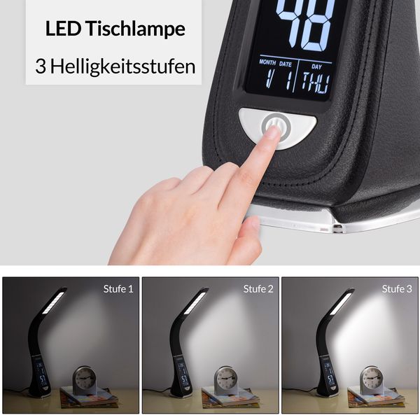 monzana® Tischlampe LED Lilly Uhr - Temperaturanzeige 50 x 9 x 6,5cm schwarz