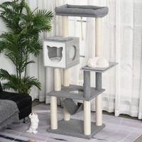 Kratzbaum Katzenbaum Kletterbaum für Katzen Mehrstufiges Multiaktivitätszentrum mit Katzenkiste Hängematte Weichkissen E1 Spanplatte Grau&Weiß 59x48x155 cm