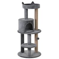 Katzenbaum 4-Stock Katzenhöhle Katzenhaus mit Spielbällen Sitzstange Sisalsäule und Kratzbrett groß stabil luxuriös Sisal Plüsch Grau 48x48x104 cm