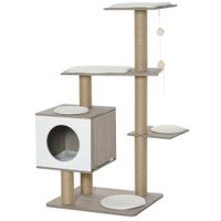 Kratzbaum Katzenbaum Kletterbaum für Katzen Mehrstufiges Multiaktivitätszentrum mit Katzenhöhle Rampe Weichkissen E1 MDF Hellgrau 60 x 48 x 122 cm