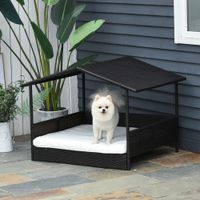 Rattan Hundehaus Hundebett Kissen Hausform Outdoor Hundehütte Stahl PP