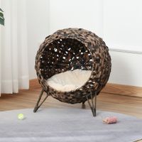 Katzenhaus aus Rattan mit Kissen Katzenschlafplatz Katzenhöhle mit erhöhten Füßen Braun Ø52 x 58 cm