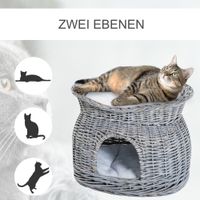 zweistöckiges Katzenhaus, Katzenbett Katzenhöhle, Katzenkorb mit 2 Kissen, Weidenkorb mit Liegedach, Grau, 56 x 37 x 40 cm