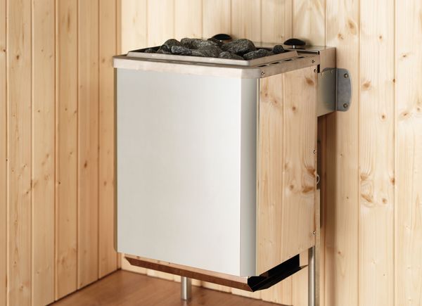 38mm Masssivholzsauna mit Eckeinstieg Gr.2 inkl. 9,0 kW Kompakt-Ofen