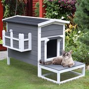 Katzenhaus Katzenhütte Katzenhöhle Kleintierhaus mit Terrasse und Balkon für Katzen Hunde Tannenholz Grau + Weiß 115 x 66,5 x 74,7 cm