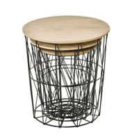 Couchtisch Beistelltisch 3-teilig Nachttisch Korbtisch mit abnehmbaren Deckel mit durchbrochenes modernes Design Satztisch Wohnzimmer Schlafzimmer Metall MDF Naturholz+Schwarz Ø42 x 45H cm