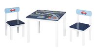 Kinder Sitzgruppe 'Rennfahrer', 2 Kinderstühle & 1 Tisch, mit Fahrzeug-Motiven in blau