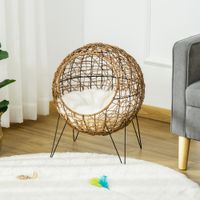 Rattan Katzenkorb Katzenhöhle Katzenhütte Katzenbett mit Kissen erhöhtes Design Haustierbett Braun Ø45 x 57H cm